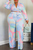 Baby Blue Fashion Casual Print Bandage V Neck Plus Size Two Pieces