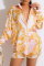 Multicolor Fashion Print Patchwork Turndown Collar Long Sleeve Two Pieces