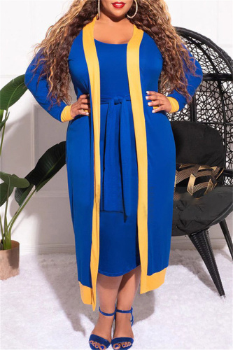 Blue Fashion Casual Solid Patchwork O Neck Plus Size Two Pieces