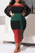 Red Black Fashion Casual Patchwork O Neck Long Sleeve Plus Size Dresses