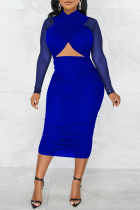Blue Fashion Sexy Solid Hollowed Out Patchwork See-through Fold Long Sleeve Dresses