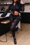Black Fashion Sexy Patchwork Solid See-through Turndown Collar Long Sleeve Two Pieces
