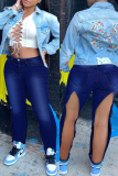 Deep Blue Fashion Casual Solid Slit High Waist Regular Denim Jeans