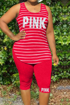 Red Casual Striped Print Patchwork U Neck Plus Size Two Pieces