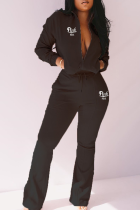Black Fashion Print Patchwork Turndown Collar Long Sleeve Two Pieces