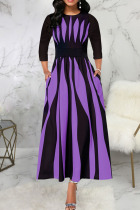 Purple Sexy Striped Print Patchwork O Neck A Line Dresses