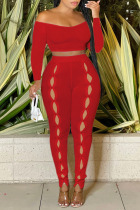 Red Sexy Solid Patchwork Off the Shoulder Long Sleeve Two Pieces