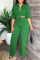 Green Casual Solid Bandage Patchwork Turndown Collar Half Sleeve Two Pieces