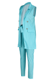Sky Blue Casual Striped Patchwork Turndown Collar Sleeveless Two Pieces