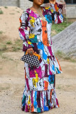 Multicolor Fashion Casual Print Graffiti V Neck Long Sleeve Dresses