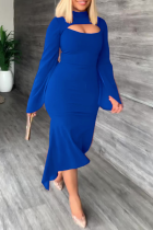 Blue Sexy Solid Patchwork O Neck Trumpet Mermaid Dresses