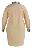 Khaki Fashion Casual Plus Size Print Patchwork Turndown Collar Shirt Dress