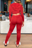 Red Sexy Solid Patchwork Hooded Collar Long Sleeve Two Pieces
