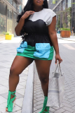 Green Sexy Color Block Draw String Pocket Contrast O Neck Waist Skirt Dresses