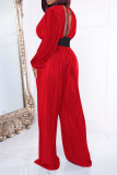 Red Casual Solid Backless V Neck Long Sleeve Two Pieces