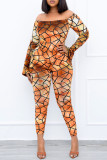 Orange Fashion Casual Print Patchwork Backless Off the Shoulder Skinny Jumpsuits