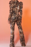 Leopard Print Fashion Casual Print Leopard Patchwork Turn-back Collar Long Sleeve Two Pieces