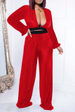 Red Casual Solid Backless V Neck Long Sleeve Two Pieces