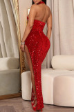 Red Fashion Sexy Patchwork Sequins Backless Slit Halter Evening Dress