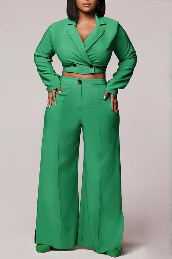 Green Fashion Sexy Solid Buttons V Neck Long Sleeve Two Pieces