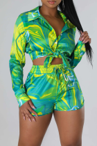 Green Casual Print Patchwork Turndown Collar Long Sleeve Two Pieces
