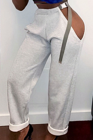 Light Gray Sexy Street Solid Patchwork Loose High Waist Straight Solid Color Bottoms