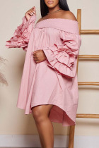 Pink Casual Sweet Solid Patchwork Flounce Fold Off the Shoulder Princess Dresses