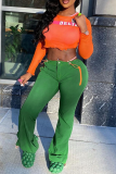 Green Casual Solid Patchwork Regular Mid Waist Straight Solid Color Bottoms