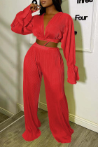 Red Casual Solid Fold O Neck Long Sleeve Two Pieces