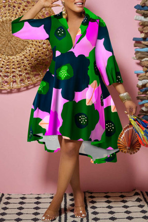 Pink Green Fashion Casual Print Patchwork Turndown Collar Shirt Dress