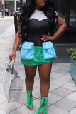 Green Sexy Color Block Draw String Pocket Contrast O Neck Waist Skirt Dresses