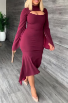 Burgundy Sexy Solid Patchwork O Neck Trumpet Mermaid Dresses