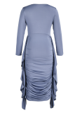 Royal Blue Fashion Solid Flounce O Neck Pencil Skirt Dresses