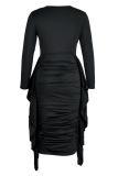 Black Fashion Solid Flounce O Neck Pencil Skirt Dresses