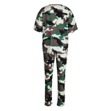Camouflag Gray Casual Camouflage Print Patchwork O Neck Short Sleeve Two Pieces