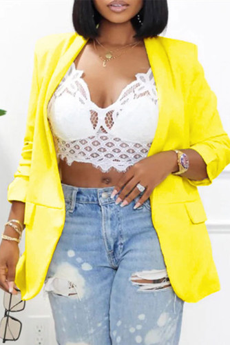 Yellow Fashion Casual Solid Patchwork Cardigan Turn-back Collar Outerwear