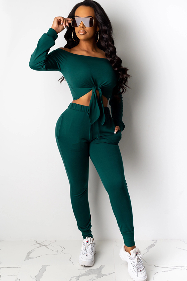 Dark green venetian Casual Two Piece Suits Solid Straight Long Sleeve Two-piece Pants Set