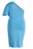Light Blue Fashion Casual Plus Size Solid Patchwork Oblique Collar Irregular Dress