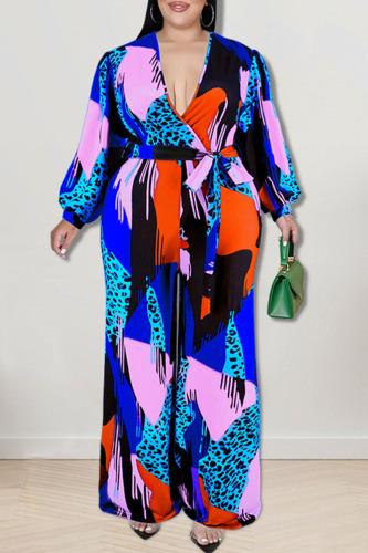 Blue Casual Print Patchwork V Neck Plus Size Jumpsuits