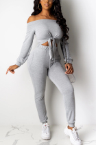 Grey venetian Casual Two Piece Suits Solid Straight Long Sleeve Two-piece Pants Set