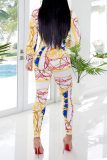 Gold Sexy Patchwork Tie-dye Turndown Collar Long Sleeve Two Pieces