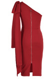 Red Elegant Solid Patchwork With Bow Oblique Collar One Step Skirt Dresses(Without Belt)