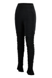 Black Fashion Casual Solid Fold Regular High Waist Trousers