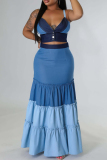 Blue Fashion Sexy Patchwork Backless Contrast Sleeveless Two Pieces