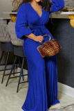 Blue Deep V Neck Lantern Sleeve Lace Up Casual Vacation Pleated Wide Leg Jumpsuit