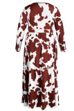 Coffee Casual Print Bandage Patchwork V Neck Straight Plus Size Dresses