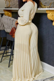 Yellow Deep V Neck Lantern Sleeve Lace Up Casual Vacation Pleated Wide Leg Jumpsuit