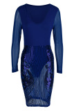 Blue Sexy Solid Embroidered Sequins Patchwork U Neck Dresses
