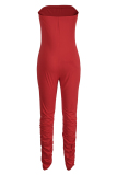 Red Sexy Casual Solid Backless Strapless Skinny Jumpsuits