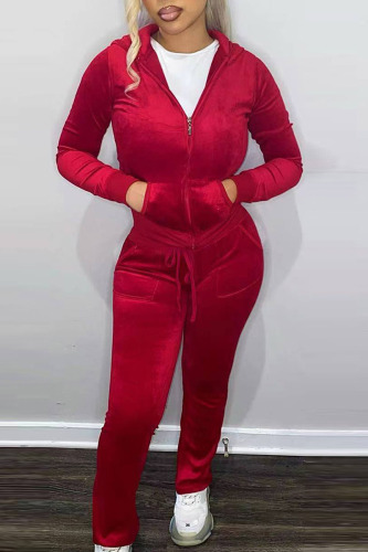 Red Casual Solid Patchwork Hooded Collar Long Sleeve Two Pieces